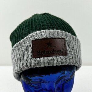 Heineken Mens Green and Grey Acrylic Knit Beanie Winter Hat One Size Logo